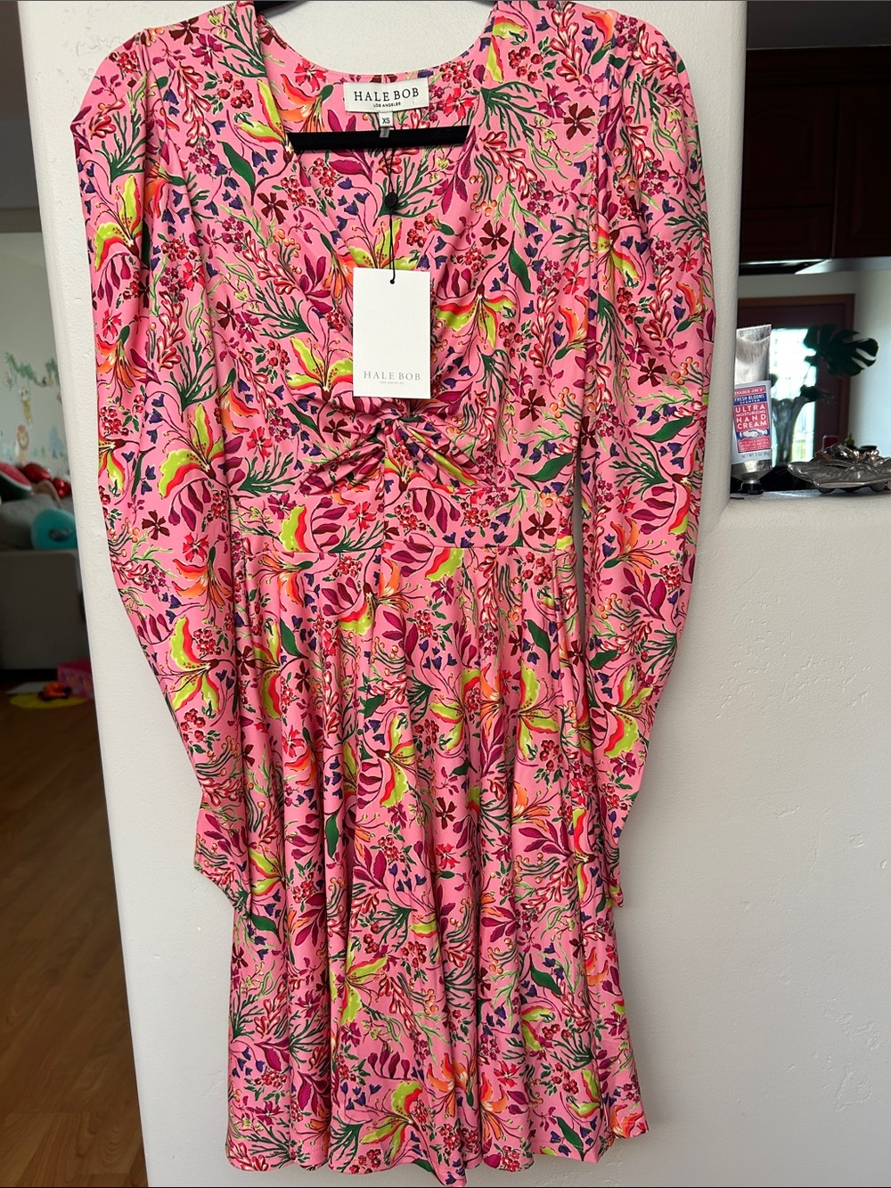 Hale Bob Pink Multicolor Floral Long-Sleeve Twist-Front Dress